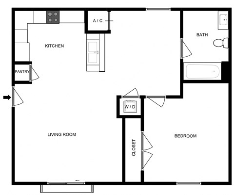 Floor plan for 1 bed, 1 bath, 559 sqft